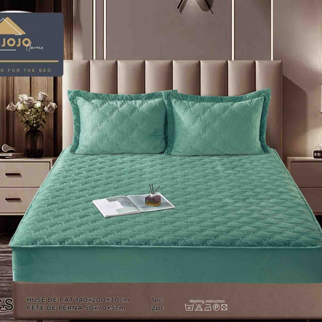 Husă de pat, Topper, 2 persoane, catifea, 140x200cm, 3 piese, cu elastic, verde deschis, HPT410