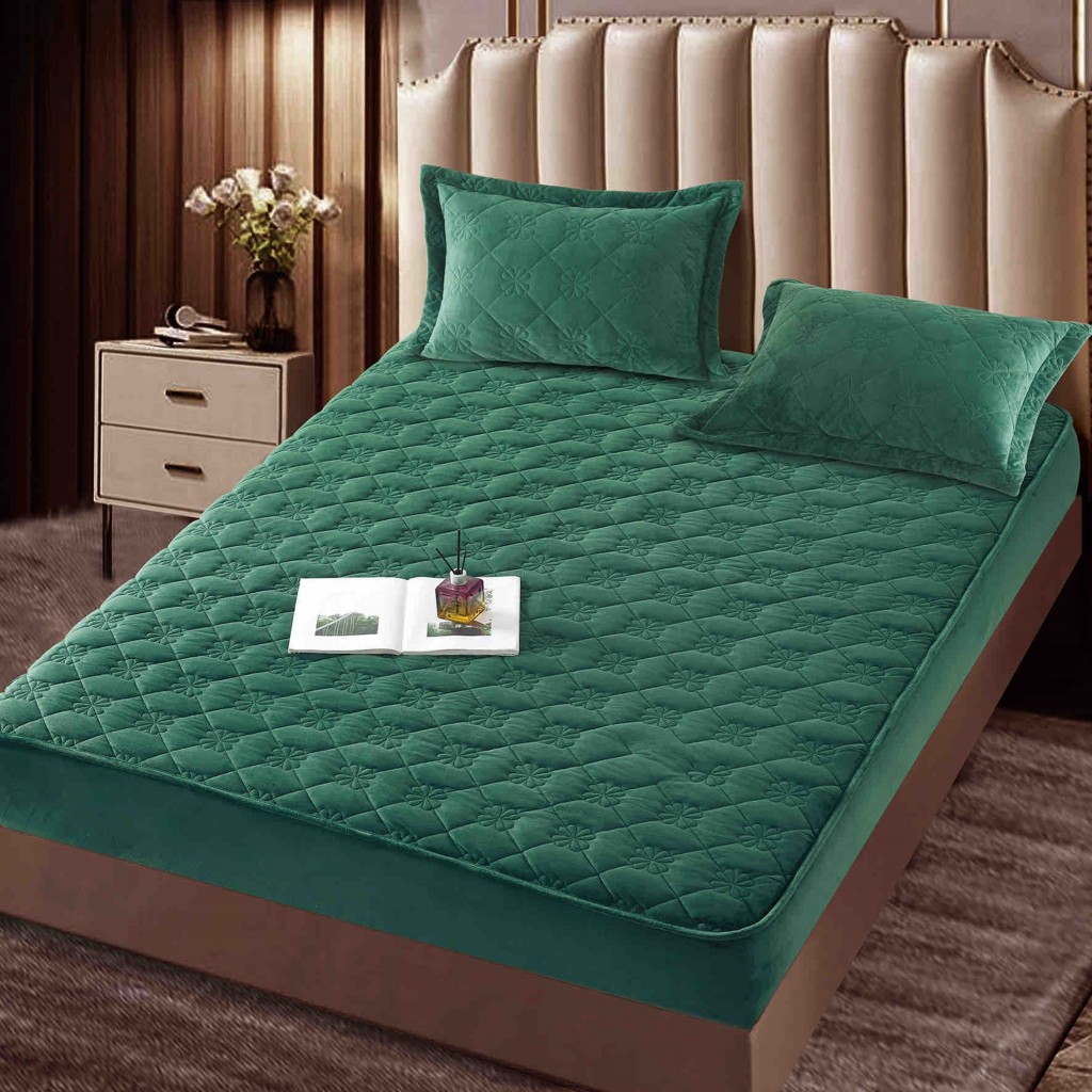 Husă de pat, Topper, 2 persoane, catifea, 140x200cm, 3 piese, cu elastic, verde închis, HPT411
