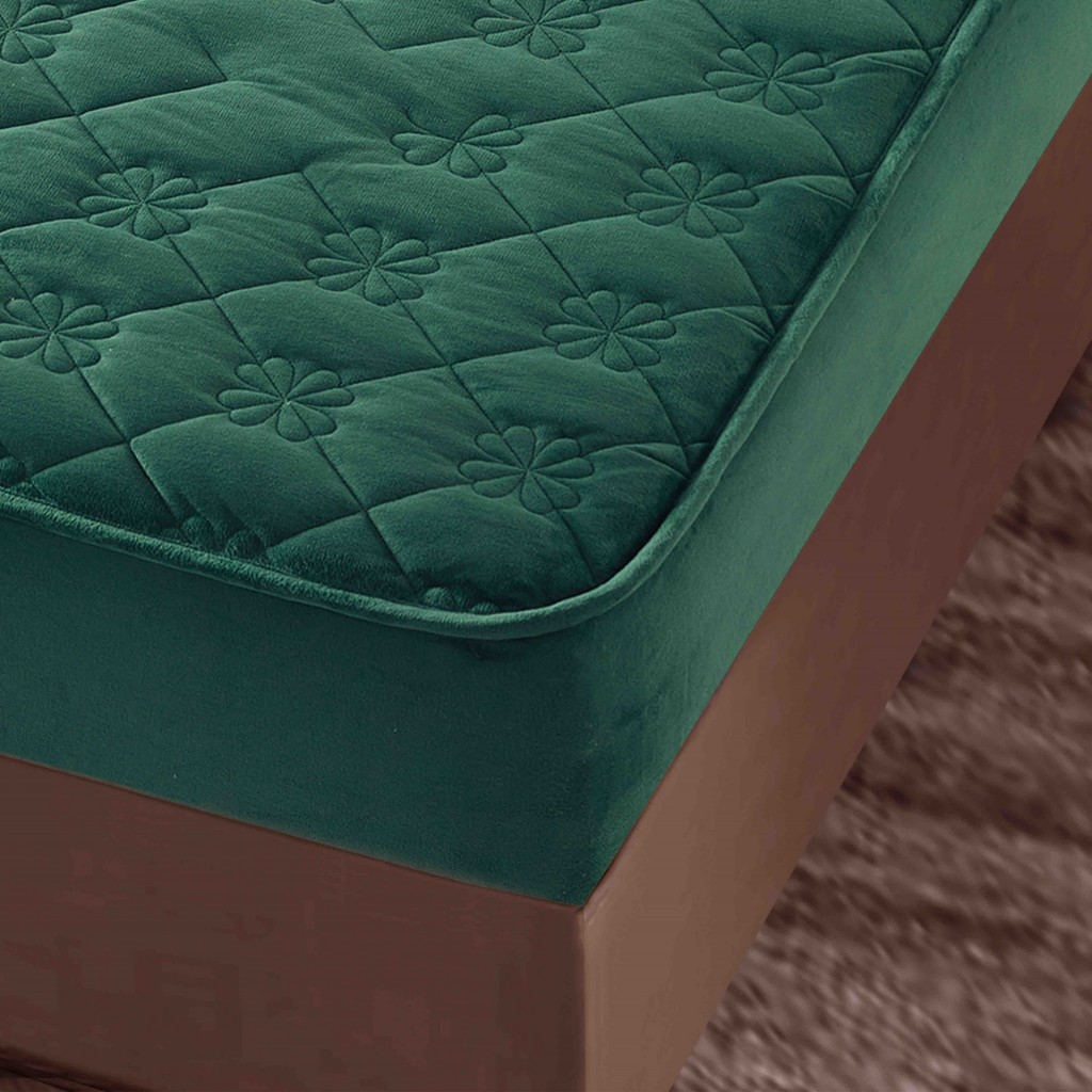 Husă de pat, Topper, 2 persoane, catifea, 140x200cm, 3 piese, cu elastic, verde închis, HPT411