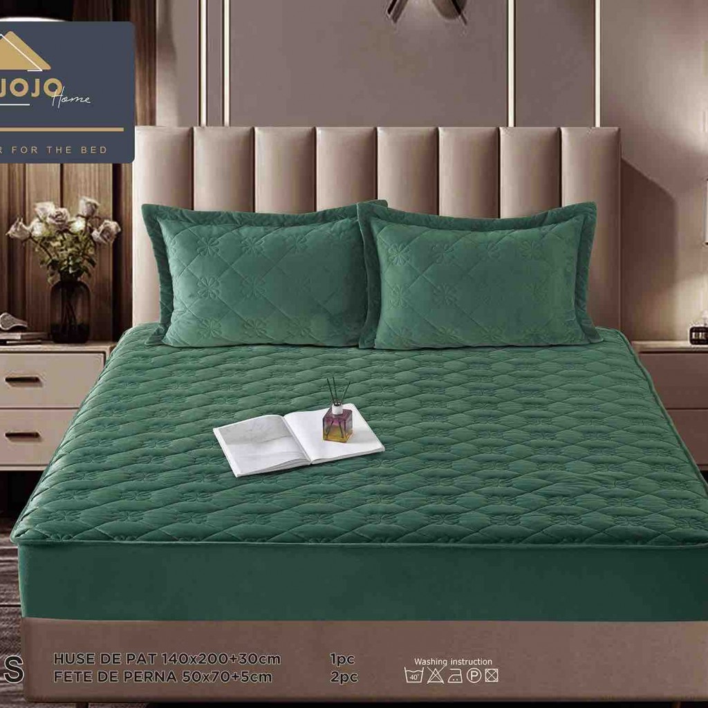 Husă de pat, Topper, 2 persoane, catifea, 140x200cm, 3 piese, cu elastic, verde închis, HPT411