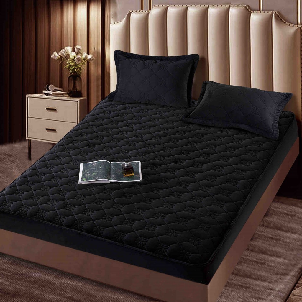 Husă de pat, Topper, 2 persoane, catifea, 140x200cm, 3 piese, cu elastic, negru , HPT412