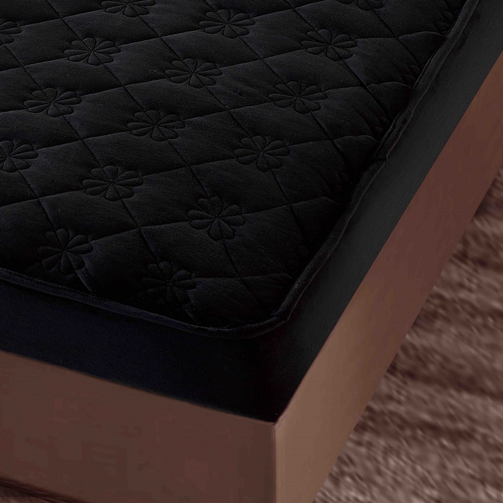 Husă de pat, Topper, 2 persoane, catifea, 140x200cm, 3 piese, cu elastic, negru , HPT412