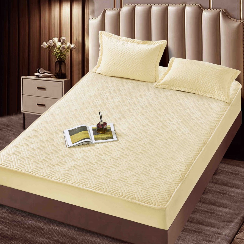 Husă de pat, Topper, 2 persoane, catifea, 160x200cm, 3 piese, cu elastic, crem deschis, HPT602