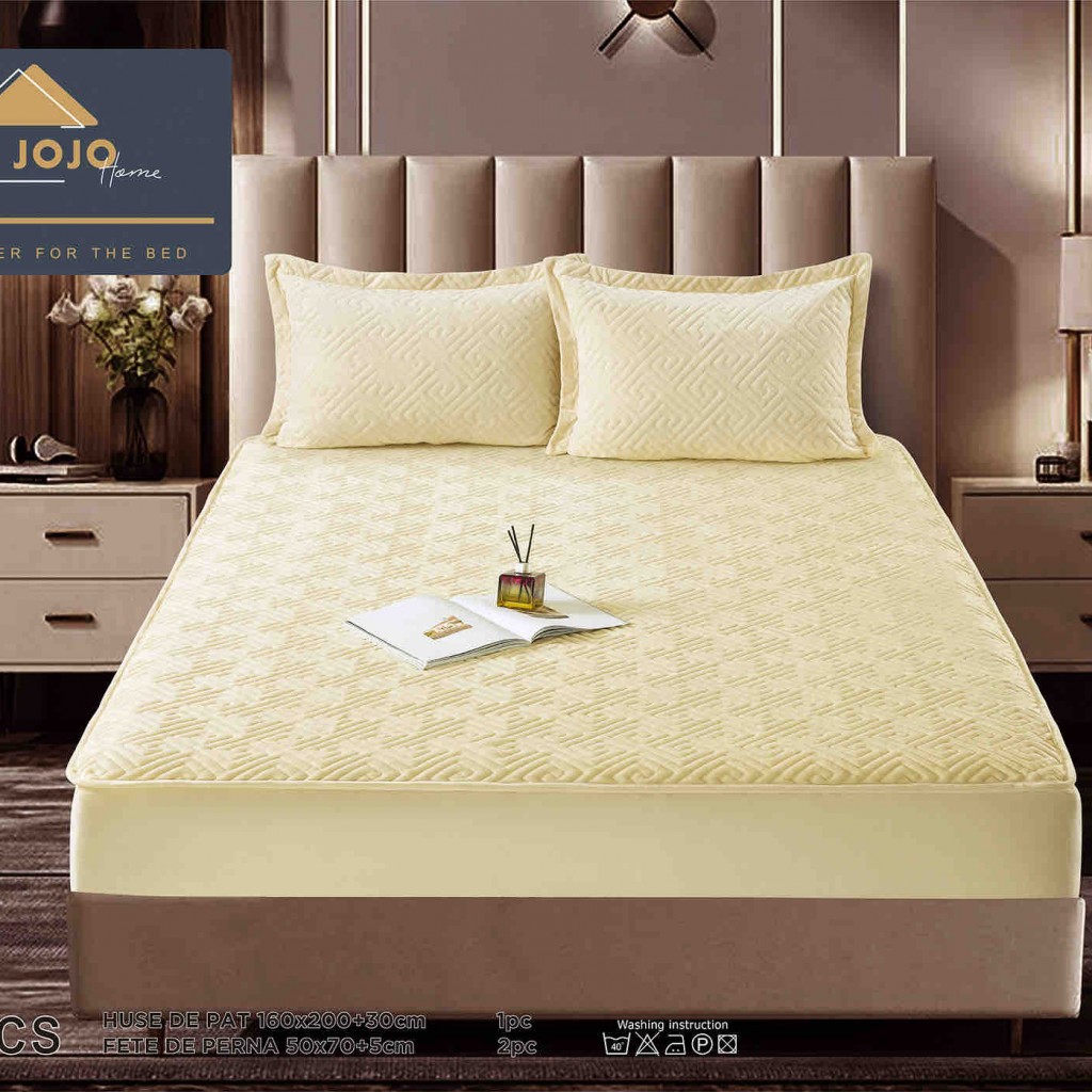 Husă de pat, Topper, 2 persoane, catifea, 160x200cm, 3 piese, cu elastic, crem deschis, HPT602