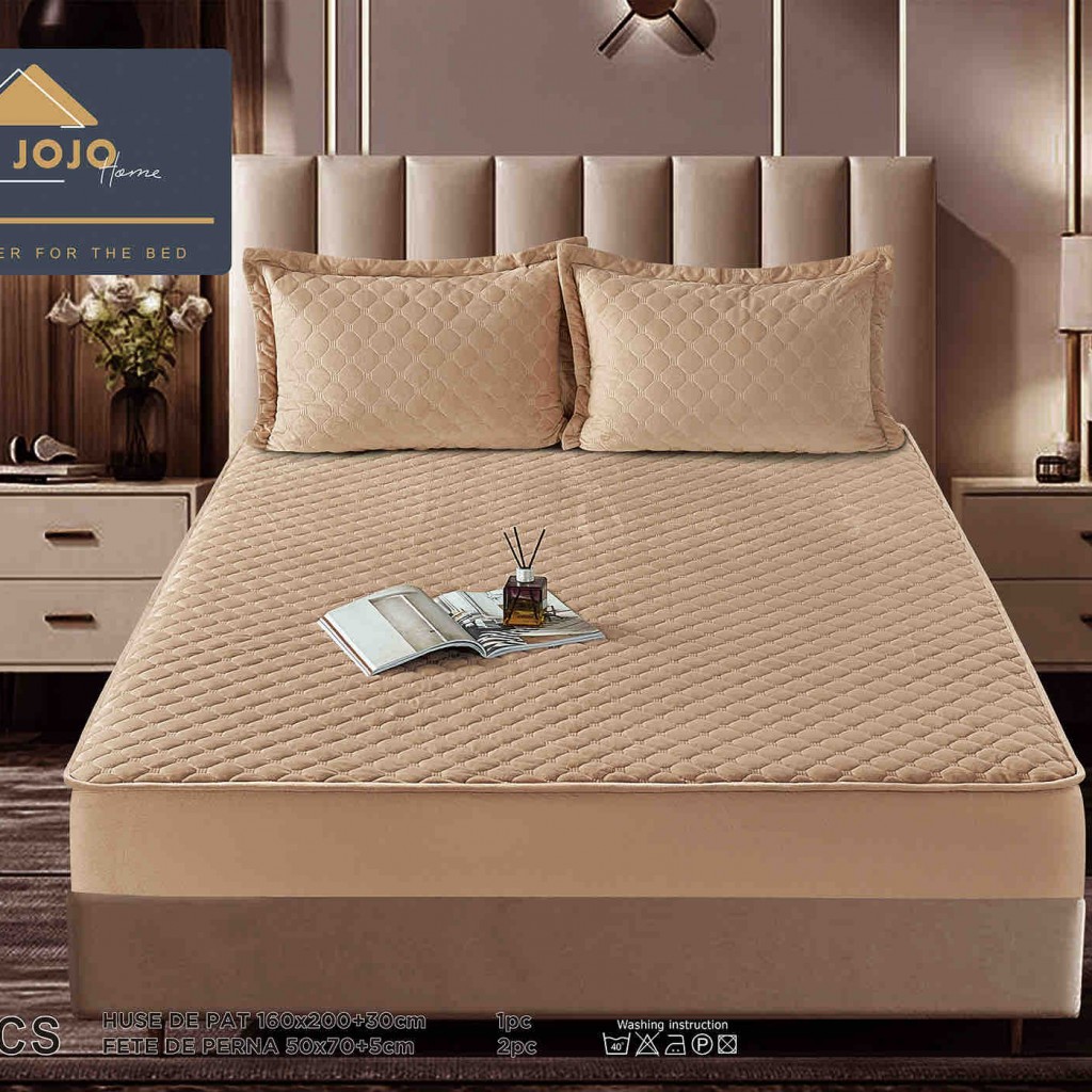 Husă de pat, Topper, 2 persoane, catifea, 160x200cm, 3 piese, cu elastic, crem , HPT603