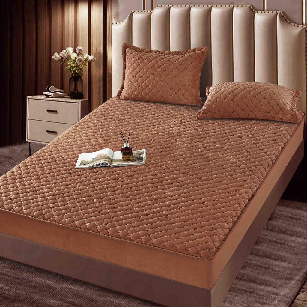 Husă de pat, Topper, 2 persoane, catifea, 160x200cm, 3 piese, cu elastic, maro , HPT604