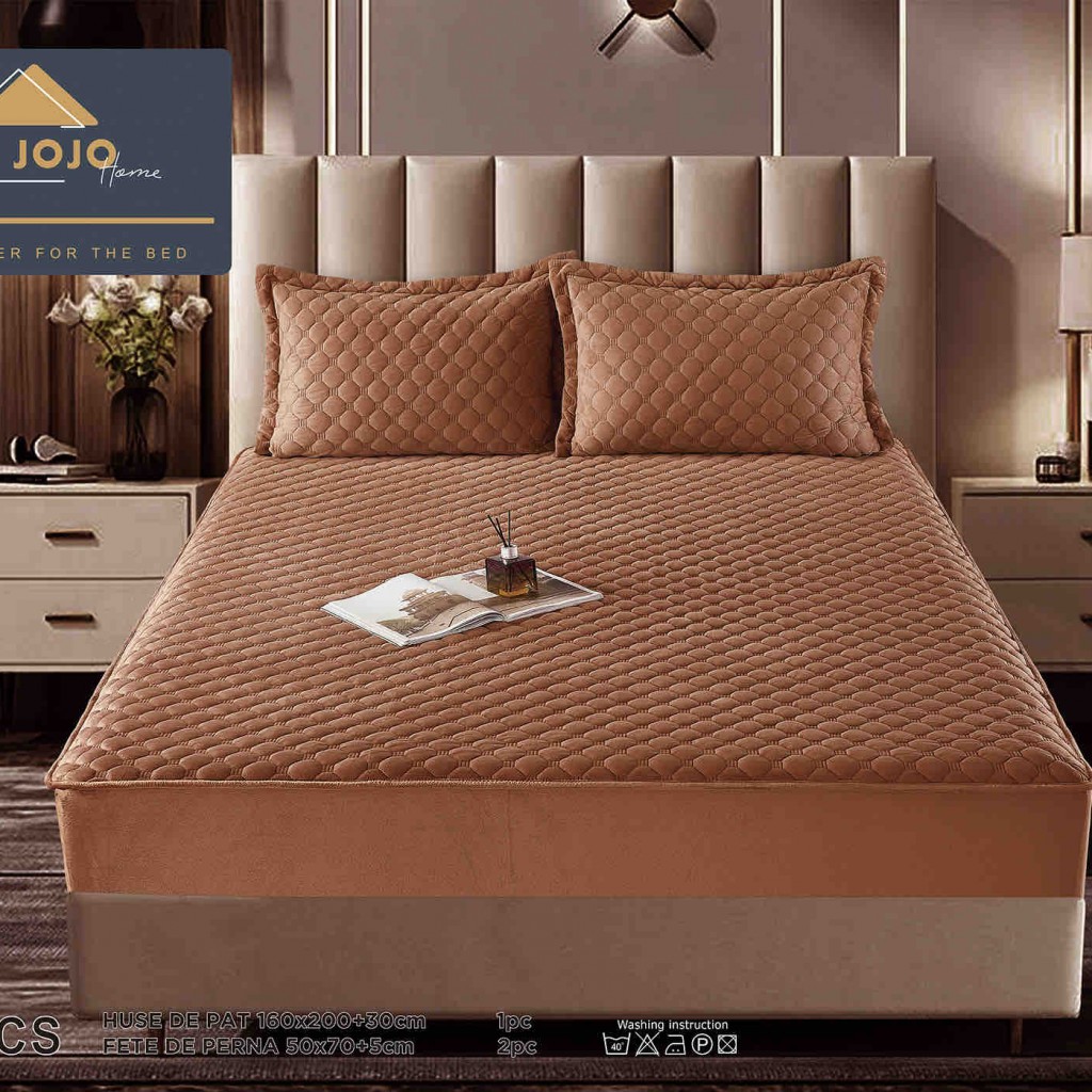 Husă de pat, Topper, 2 persoane, catifea, 160x200cm, 3 piese, cu elastic, maro , HPT604