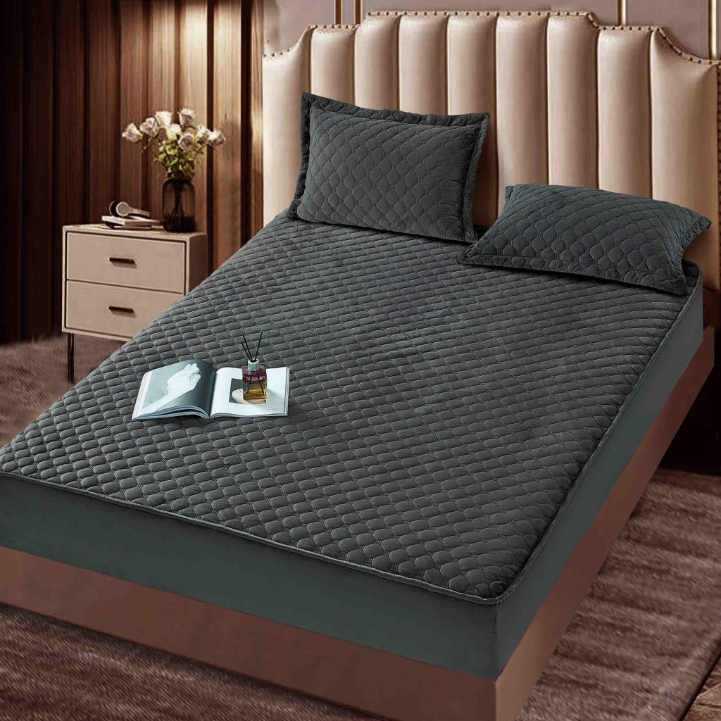 Husă de pat, Topper, 2 persoane, catifea, 160x200cm, 3 piese, cu elastic, gri închis, HPT606