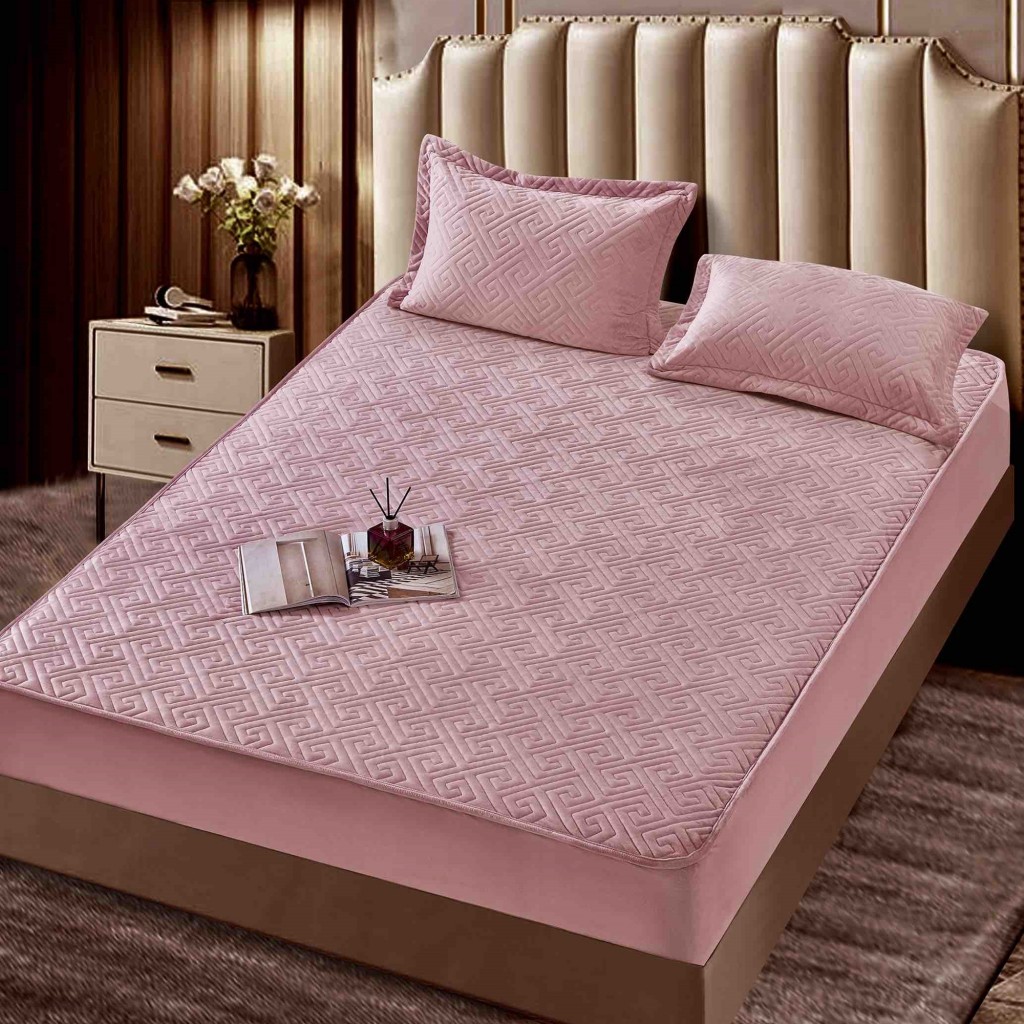 Husă de pat, Topper, 2 persoane, catifea, 160x200cm, 3 piese, cu elastic, roz , HPT607