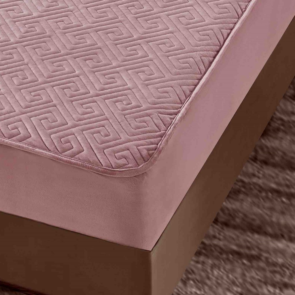 Husă de pat, Topper, 2 persoane, catifea, 160x200cm, 3 piese, cu elastic, roz , HPT607