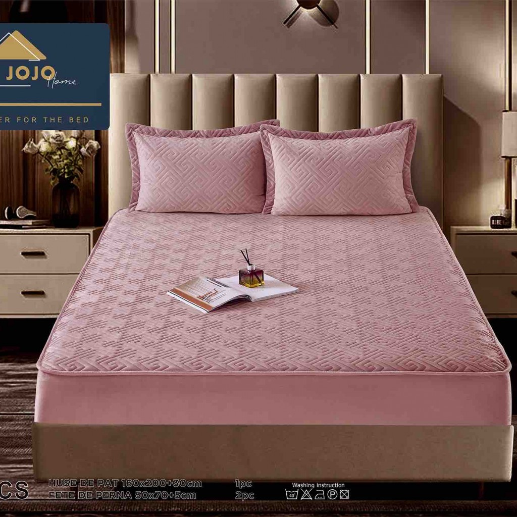 Husă de pat, Topper, 2 persoane, catifea, 160x200cm, 3 piese, cu elastic, roz , HPT607