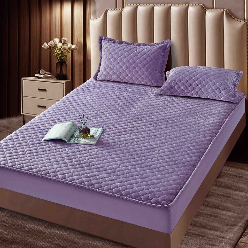 Husă de pat, Topper, 2 persoane, catifea, 160x200cm, 3 piese, cu elastic, mov , HPT608