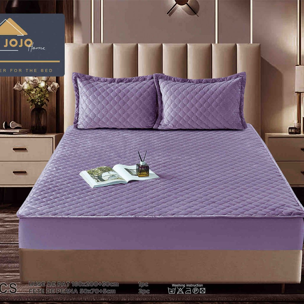 Husă de pat, Topper, 2 persoane, catifea, 160x200cm, 3 piese, cu elastic, mov , HPT608