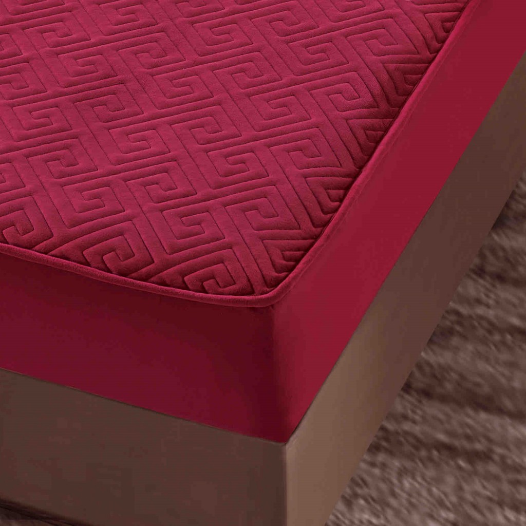 Husă de pat, Topper, 2 persoane, catifea, 160x200cm, 3 piese, cu elastic, roșu , HPT609