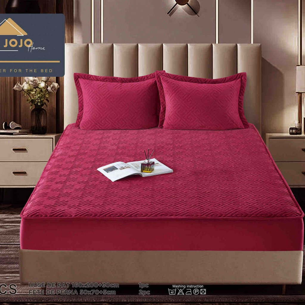 Husă de pat, Topper, 2 persoane, catifea, 160x200cm, 3 piese, cu elastic, roșu , HPT609