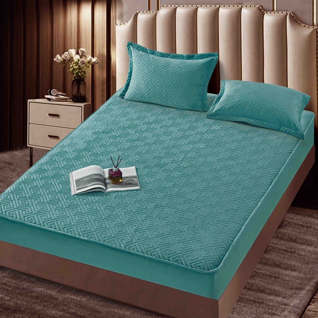 Husă de pat, Topper, 2 persoane, catifea, 160x200cm, 3 piese, cu elastic, verde deschis, HPT610