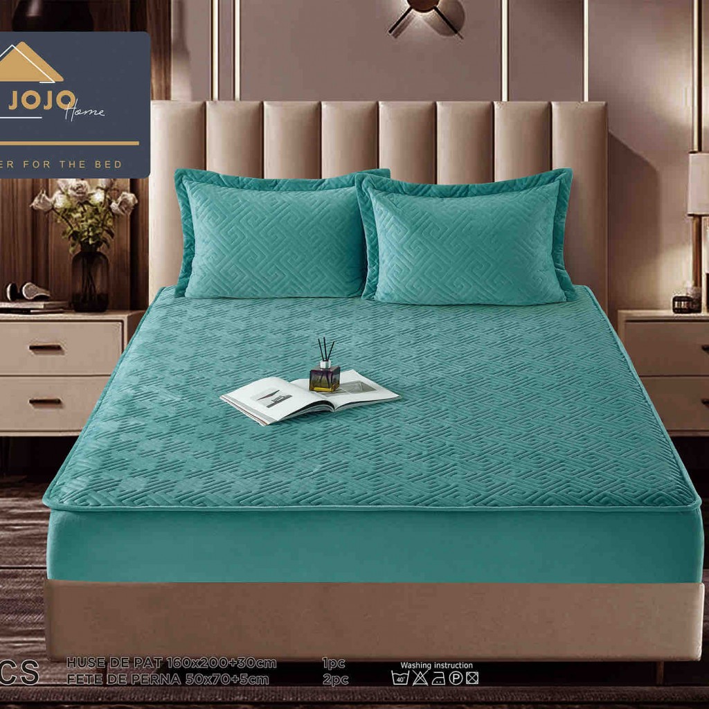 Husă de pat, Topper, 2 persoane, catifea, 160x200cm, 3 piese, cu elastic, verde deschis, HPT610