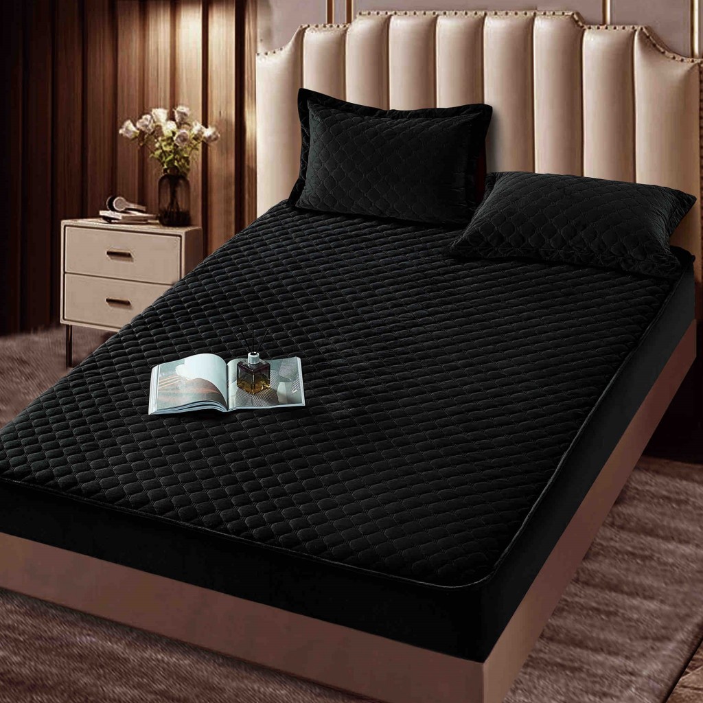 Husă de pat, Topper, 2 persoane, catifea, 160x200cm, 3 piese, cu elastic, negru , HPT612