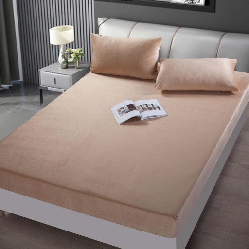 Husa de pat, 2 persoane, catifea, 3 piese, cu elastic, uni, crem închis, HCF02 Husa de pat, 2 persoane, catifea, 3 piese, cu elastic, uni, crem închis, HCF02