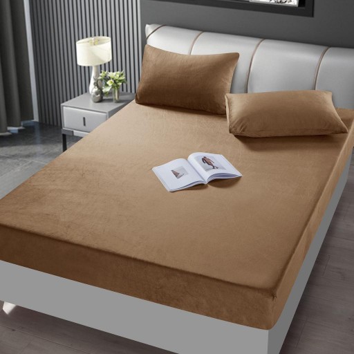Husa de pat, 2 persoane, catifea, 3 piese, cu elastic, uni, maro , HCF03