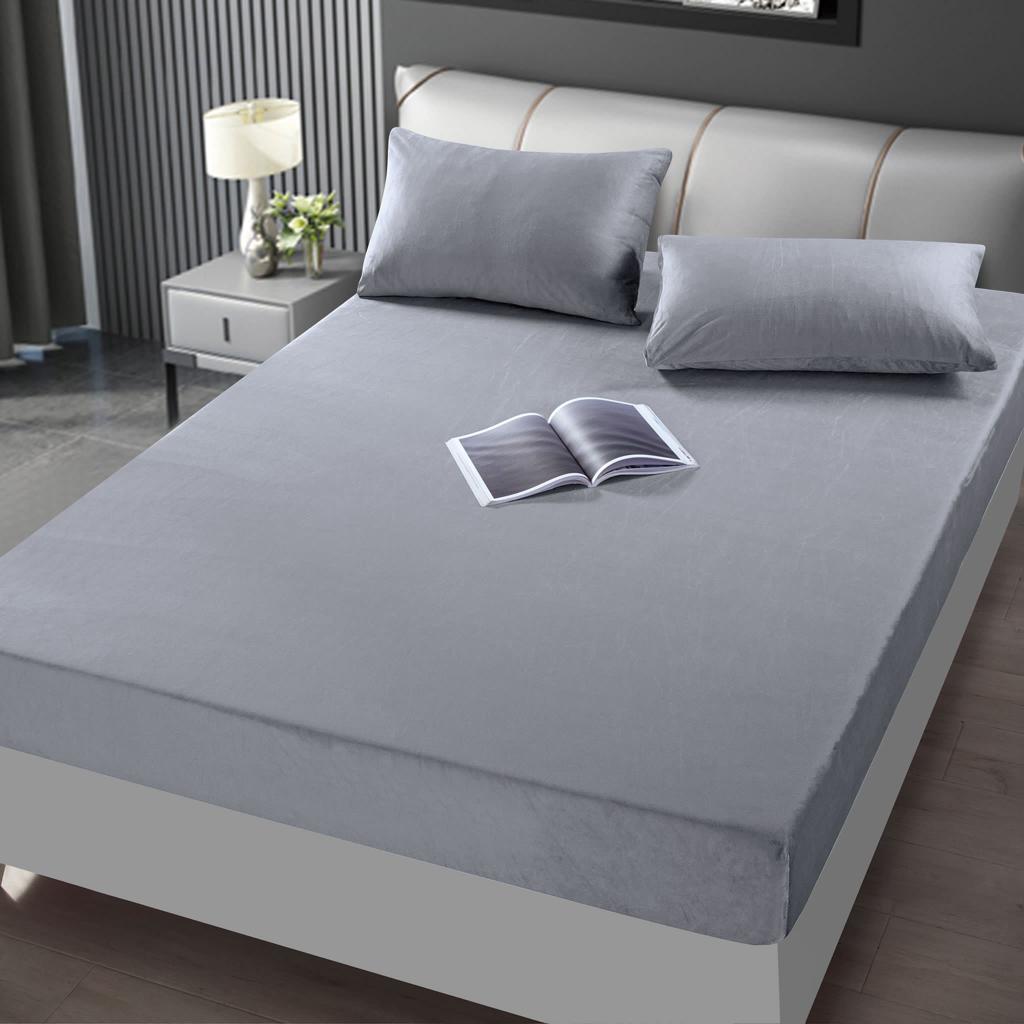 Husa de pat, 2 persoane, catifea, 3 piese, cu elastic, uni, gri deschis, HCF04 Husa de pat, 2 persoane, catifea, 3 piese, cu elastic, uni, gri deschis, HCF04