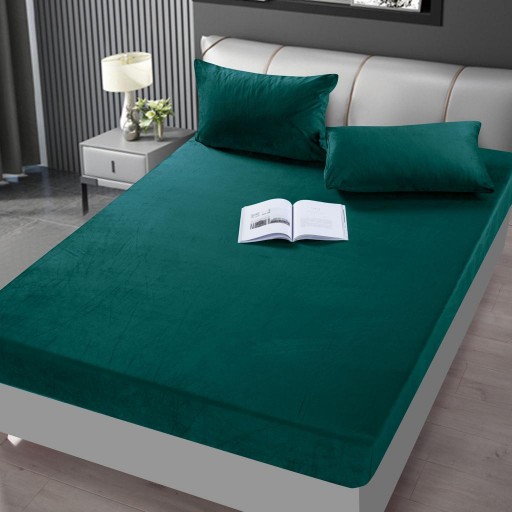 Husa de pat, 2 persoane, catifea, 3 piese, cu elastic, uni, verde , HCF08 Husa de pat, 2 persoane, catifea, 3 piese, cu elastic, uni, verde , HCF08