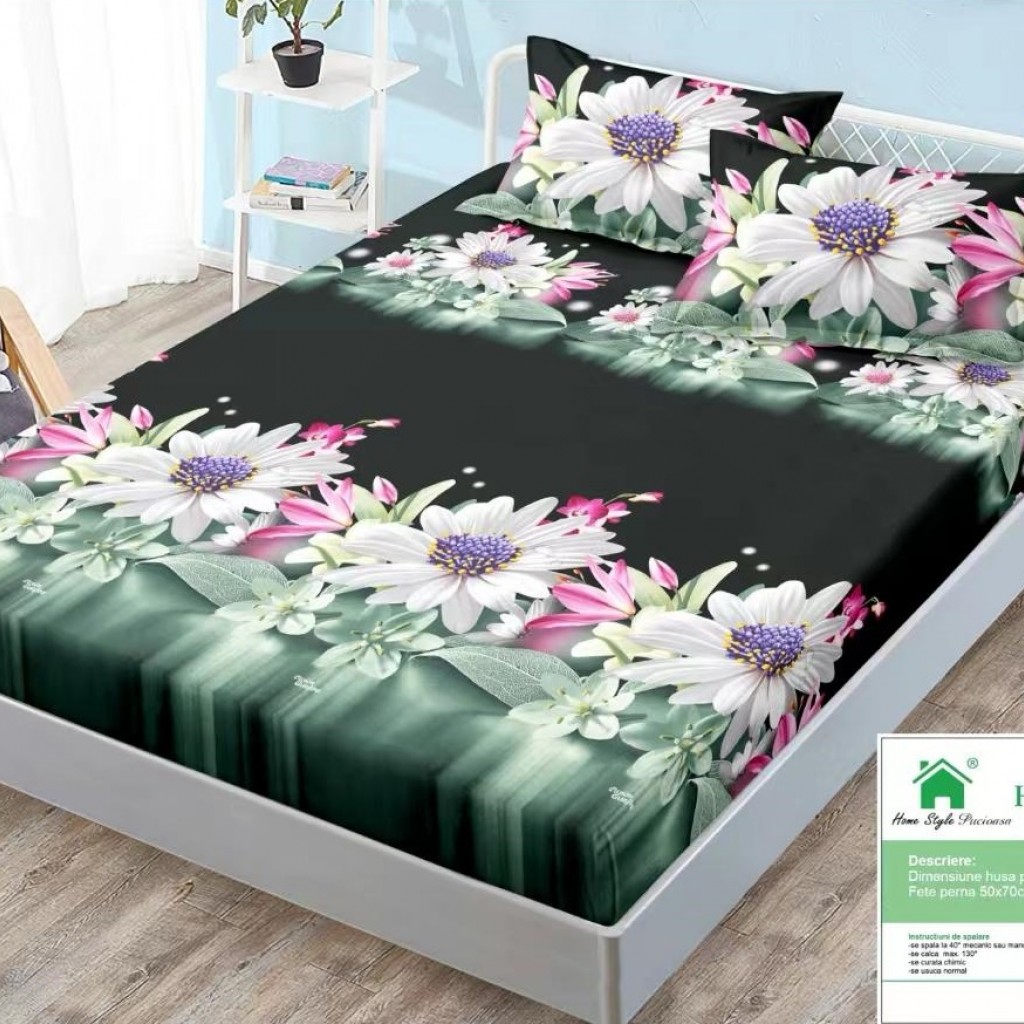 Husă de pat, finet, 140x200cm, 2 persoane, set 3 piese, cu elastic, negru și verde, cu flori albe, HPF14032
