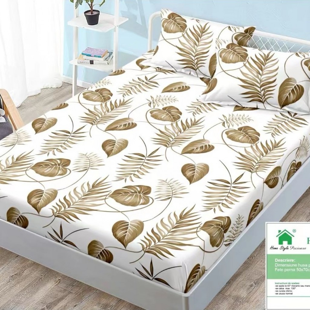 Husă de pat, finet, 140x200cm, 2 persoane, set 3 piese, cu elastic, crem , cu frunze maro, HPF14034