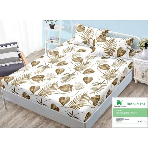 Husă de pat, finet, 140x200cm, 2 persoane, set 3 piese, cu elastic, crem , cu frunze maro, HPF14034
