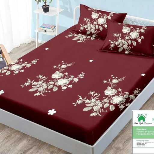 Husă de pat, finet, 140x200cm, 2 persoane, set 3 piese, cu elastic, roșu , cu flori crem, HPF14036