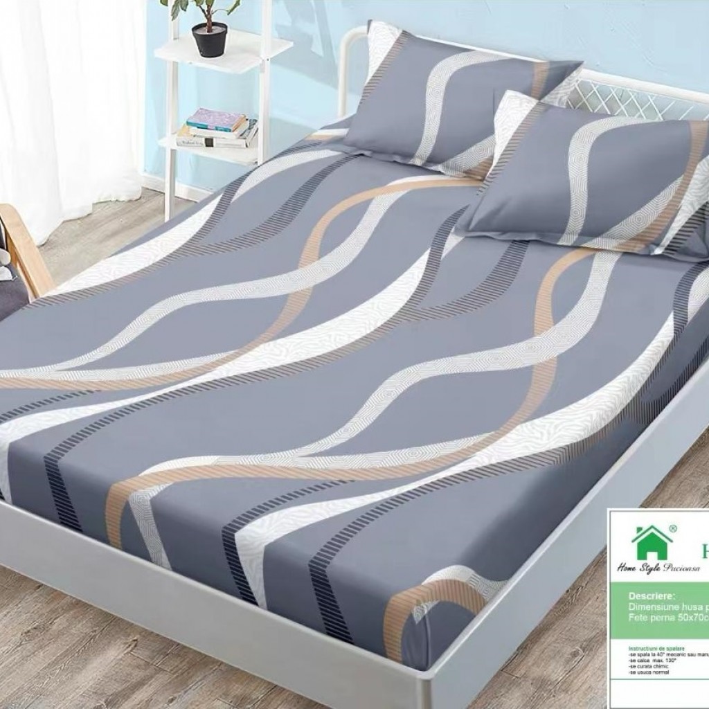 Husă de pat, finet, 140x200cm, 2 persoane, set 3 piese, cu elastic, gri , cu linii ondulate, HPF14052
