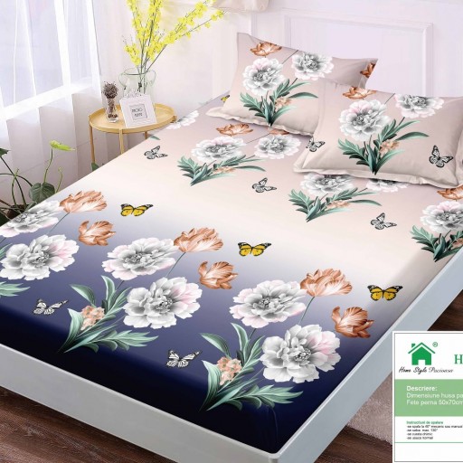 Husă de pat, finet, 140x200cm, 2 persoane, set 3 piese, cu elastic, cu imprimeu, HPF14055