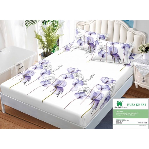 Husă de pat, finet, 140x200cm, 2 persoane, set 3 piese, cu elastic, cu imprimeu, HPF14061