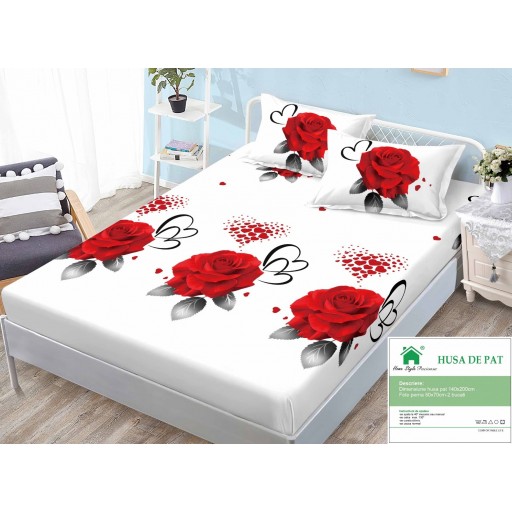 Husă de pat, finet, 140x200cm, 2 persoane, set 3 piese, cu elastic, cu imprimeu, HPF14062