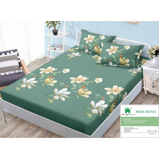 Husă de pat, finet, 140x200cm, 2 persoane, set 3 piese, cu elastic, cu imprimeu, HPF14063