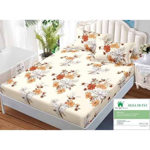 Husă de pat, finet, 140x200cm, 2 persoane, set 3 piese, cu elastic, cu imprimeu, HPF14064