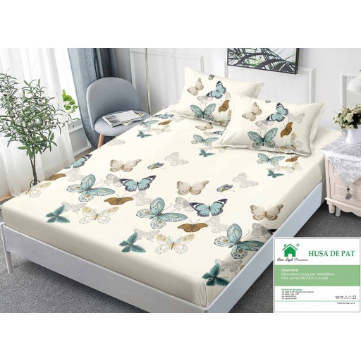Husă de pat, finet, 140x200cm, 2 persoane, set 3 piese, cu elastic, cu imprimeu, HPF14066