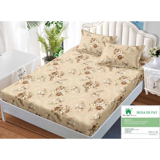 Husă de pat, finet, 140x200cm, 2 persoane, set 3 piese, cu elastic, cu imprimeu, HPF14069