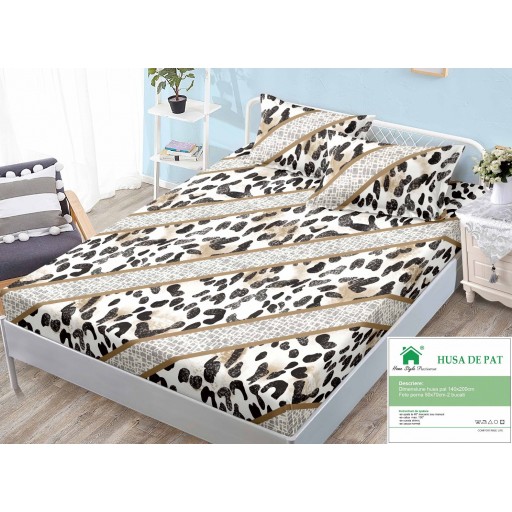 Husă de pat, finet, 140x200cm, 2 persoane, set 3 piese, cu elastic, cu imprimeu, HPF14070