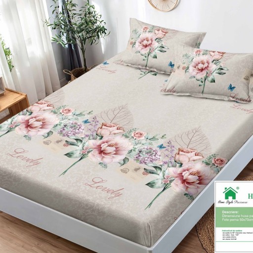 Husă de pat, finet, 140x200cm, 2 persoane, set 3 piese, cu elastic, cu imprimeu, HPF14071