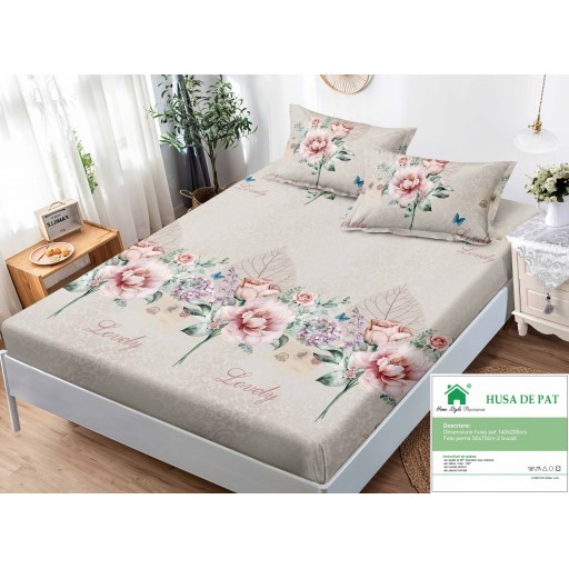 Husă de pat, finet, 140x200cm, 2 persoane, set 3 piese, cu elastic, cu imprimeu, HPF14071