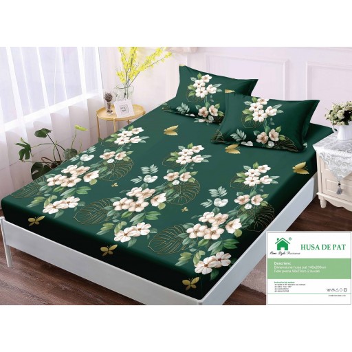 Husă de pat, finet, 140x200cm, 2 persoane, set 3 piese, cu elastic, cu imprimeu, HPF14072