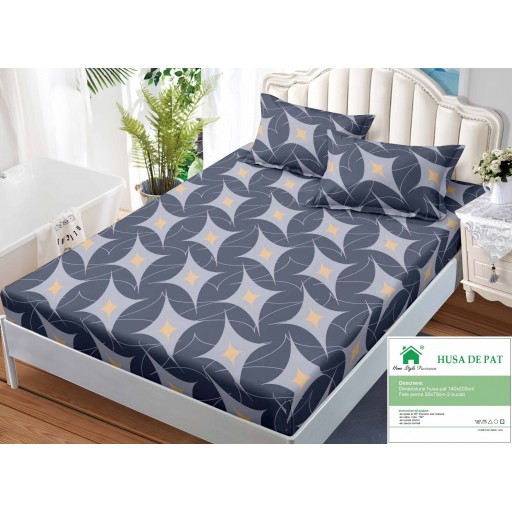 Husă de pat, finet, 140x200cm, 2 persoane, set 3 piese, cu elastic, cu imprimeu, HPF14074