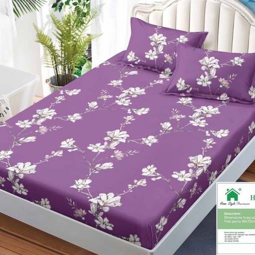 Husă de pat, finet, 140x200cm, 2 persoane, set 3 piese, cu elastic, cu imprimeu, HPF14075
