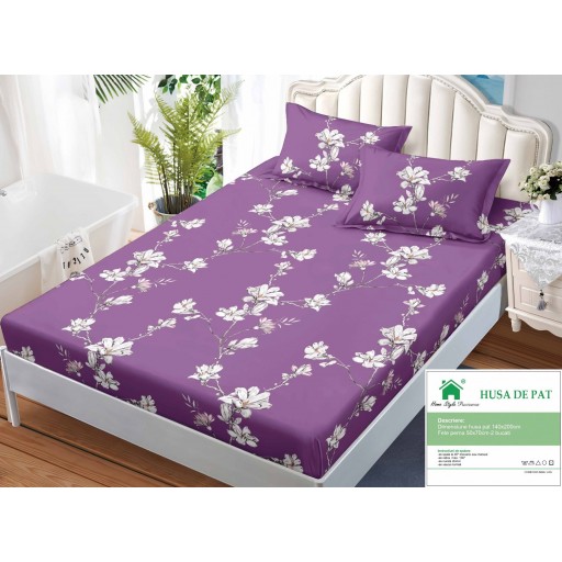 Husă de pat, finet, 140x200cm, 2 persoane, set 3 piese, cu elastic, cu imprimeu, HPF14075
