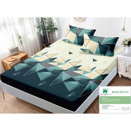 Husă de pat, finet, 140x200cm, 2 persoane, set 3 piese, cu elastic, cu imprimeu, HPF14077