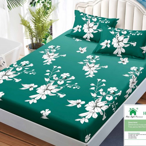 Husă de pat, finet, 140x200cm, 2 persoane, set 3 piese, cu elastic, cu imprimeu, HPF14079
