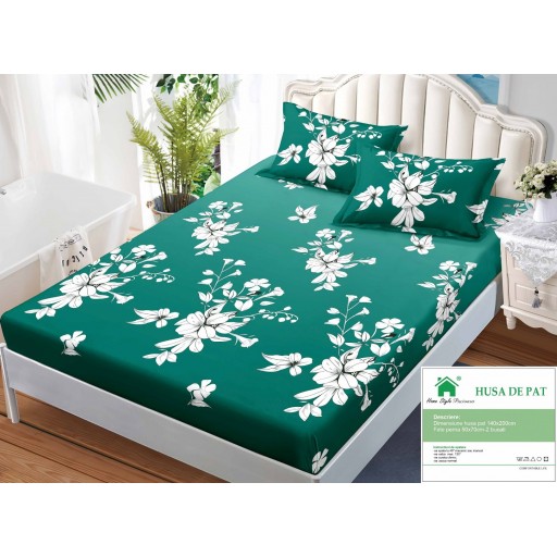 Husă de pat, finet, 140x200cm, 2 persoane, set 3 piese, cu elastic, cu imprimeu, HPF14079