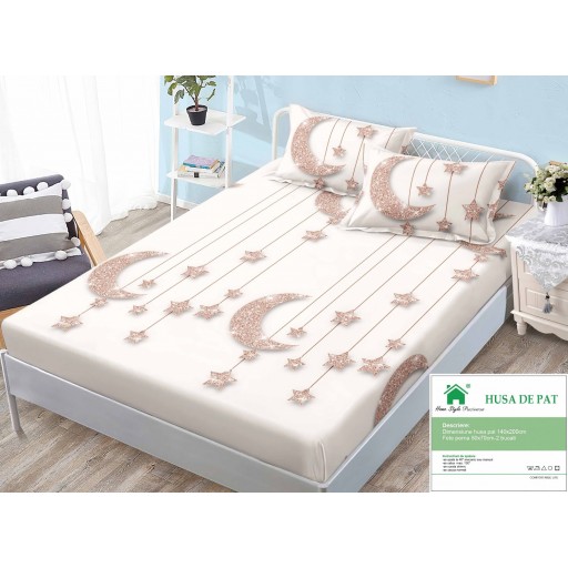 Husă de pat, finet, 140x200cm, 2 persoane, set 3 piese, cu elastic, cu imprimeu, HPF14081