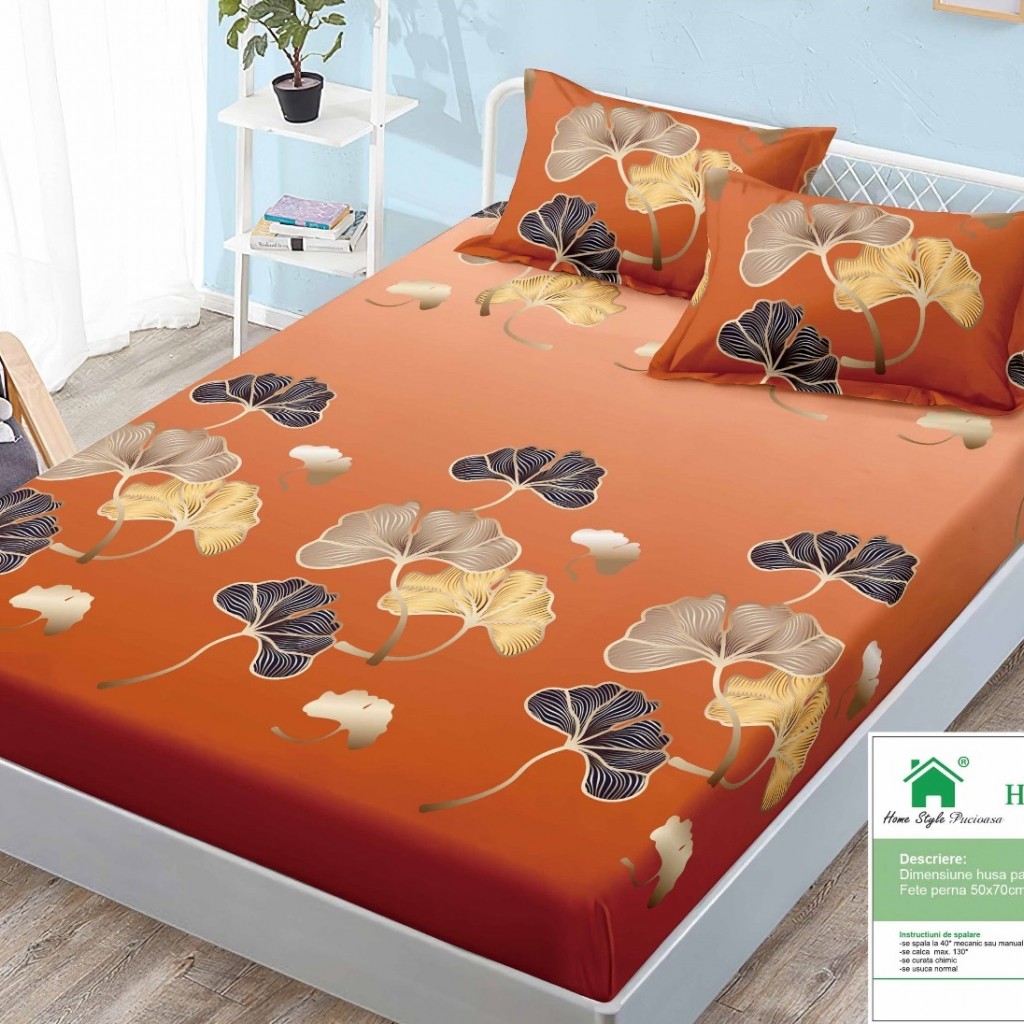 Husă de pat, finet, 160x200cm, 2 persoane, set 3 piese, cu elastic, cu imprimeu, HPF16100
